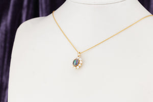 VINTAGE ESTATE OPAL TRIPLET & PEARL PENDANT ON 9ct YELLOW GOLD