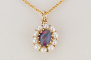 VINTAGE ESTATE OPAL TRIPLET & PEARL PENDANT ON 9ct YELLOW GOLD