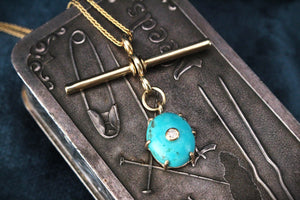 ANTIQUE TURQUOISE & DIAMOND T-BAR PENDANT 9ct GOLD