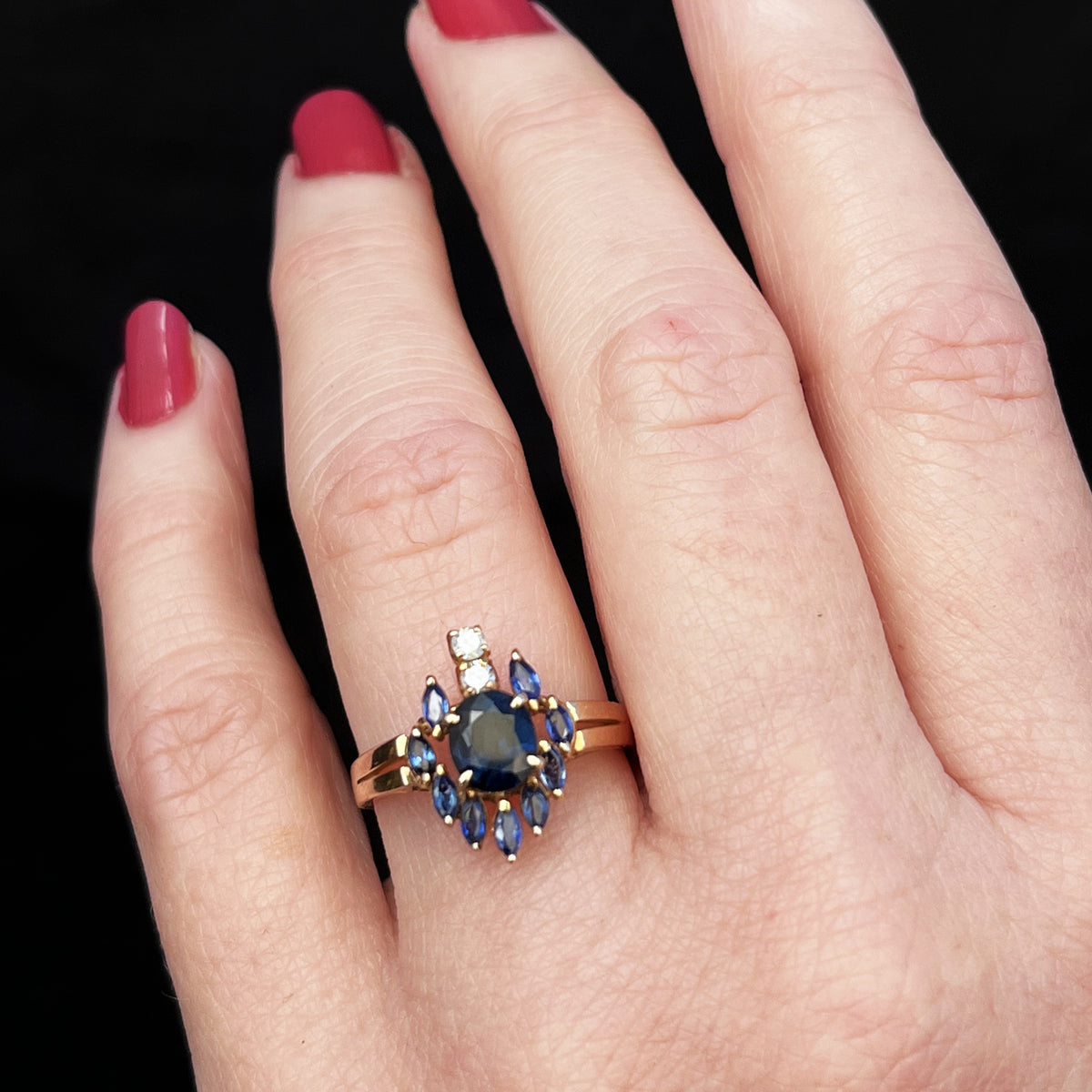 VINTAGE c1940 SAPPHIRE &amp; DIAMOND RING 14ct GOLD
