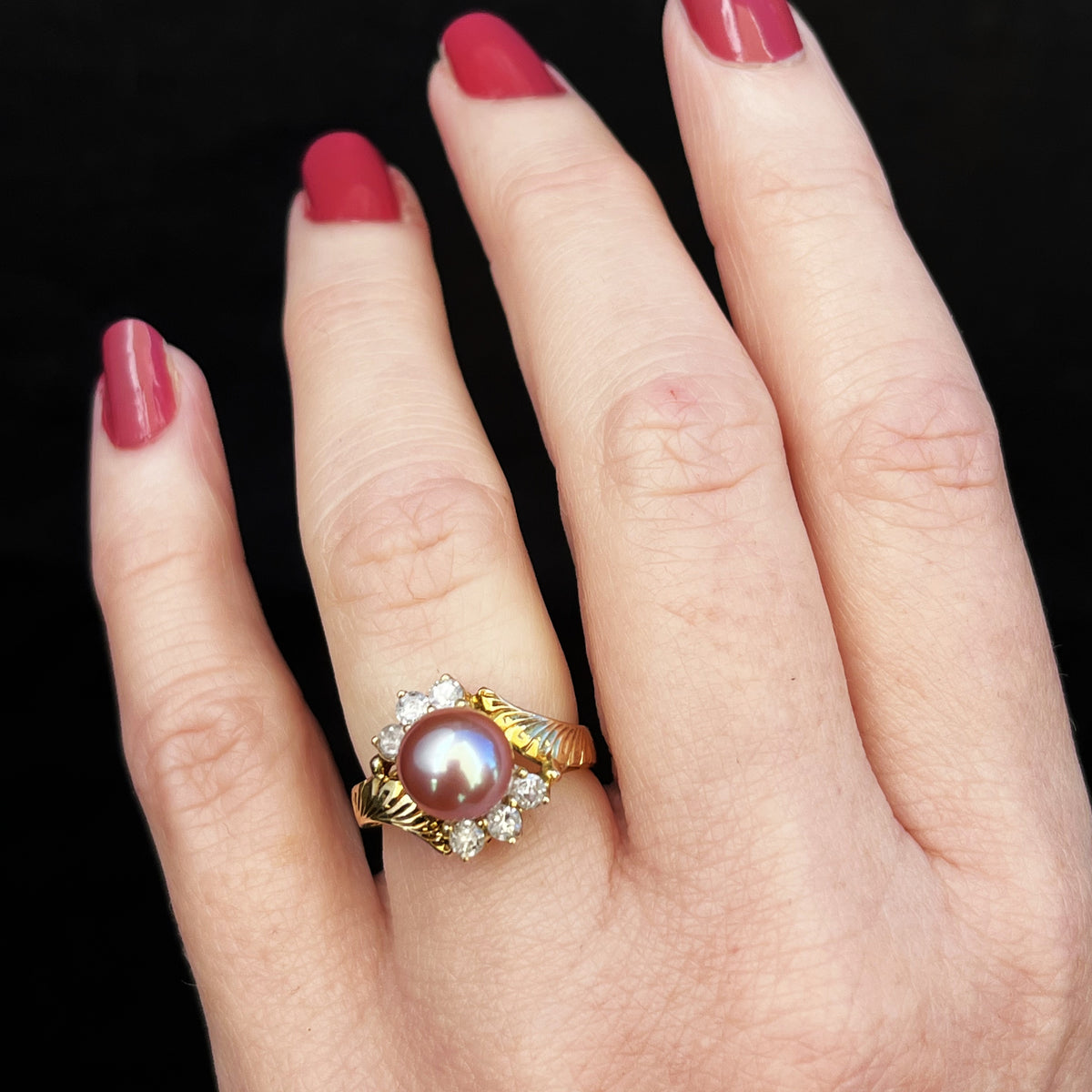 VINTAGE LAVENDER/PINK PEARL & DIAMOND RING 14ct GOLD