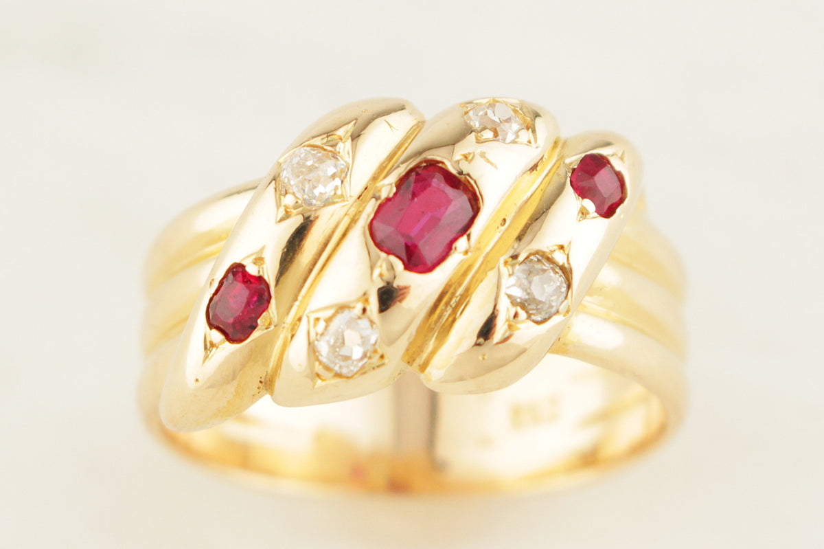 ANTIQUE VICTORIAN c1840 RUBY &amp; DIAMOND SNAKE RING 18ct YELLOW GOLD