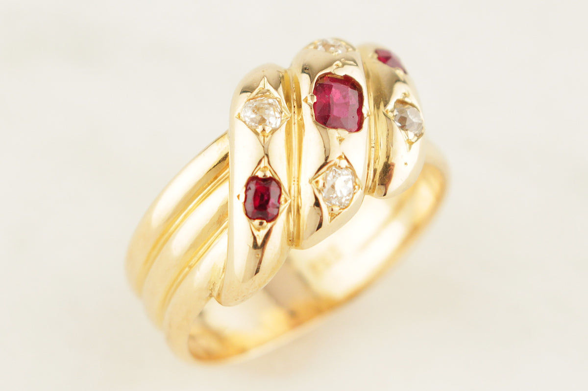 ANTIQUE VICTORIAN c1840 RUBY &amp; DIAMOND SNAKE RING 18ct YELLOW GOLD