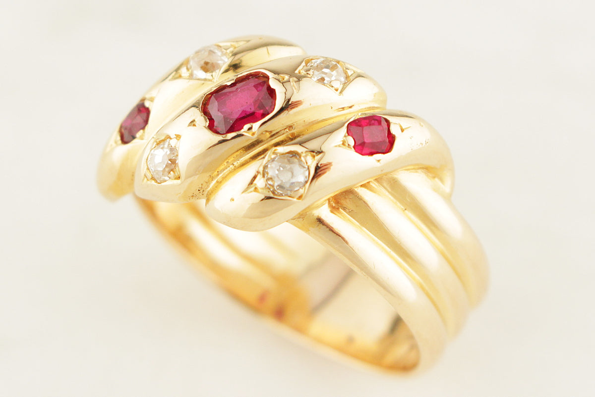 ANTIQUE VICTORIAN c1840 RUBY &amp; DIAMOND SNAKE RING 18ct YELLOW GOLD