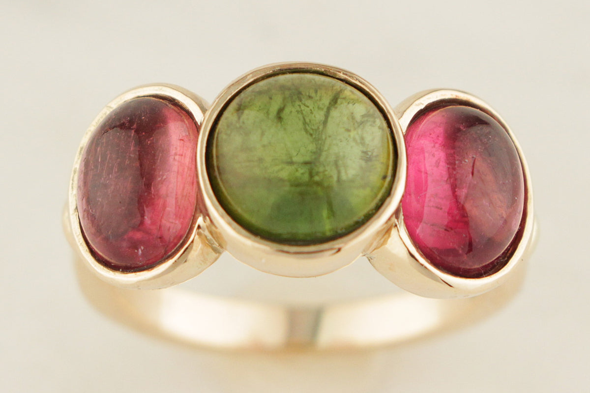 CONTEMPORARY PINK &amp; GREEN TOURMALINE RING 9ct GOLD
