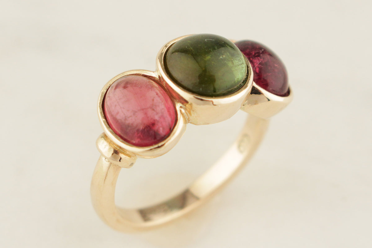 CONTEMPORARY PINK &amp; GREEN TOURMALINE RING 9ct GOLD