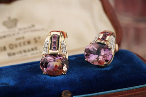 MODERN AMETRINE & DIAMOND EARRINGS ON 9ct YELLOW GOLD