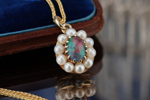 VINTAGE ESTATE OPAL TRIPLET & PEARL PENDANT ON 9ct YELLOW GOLD