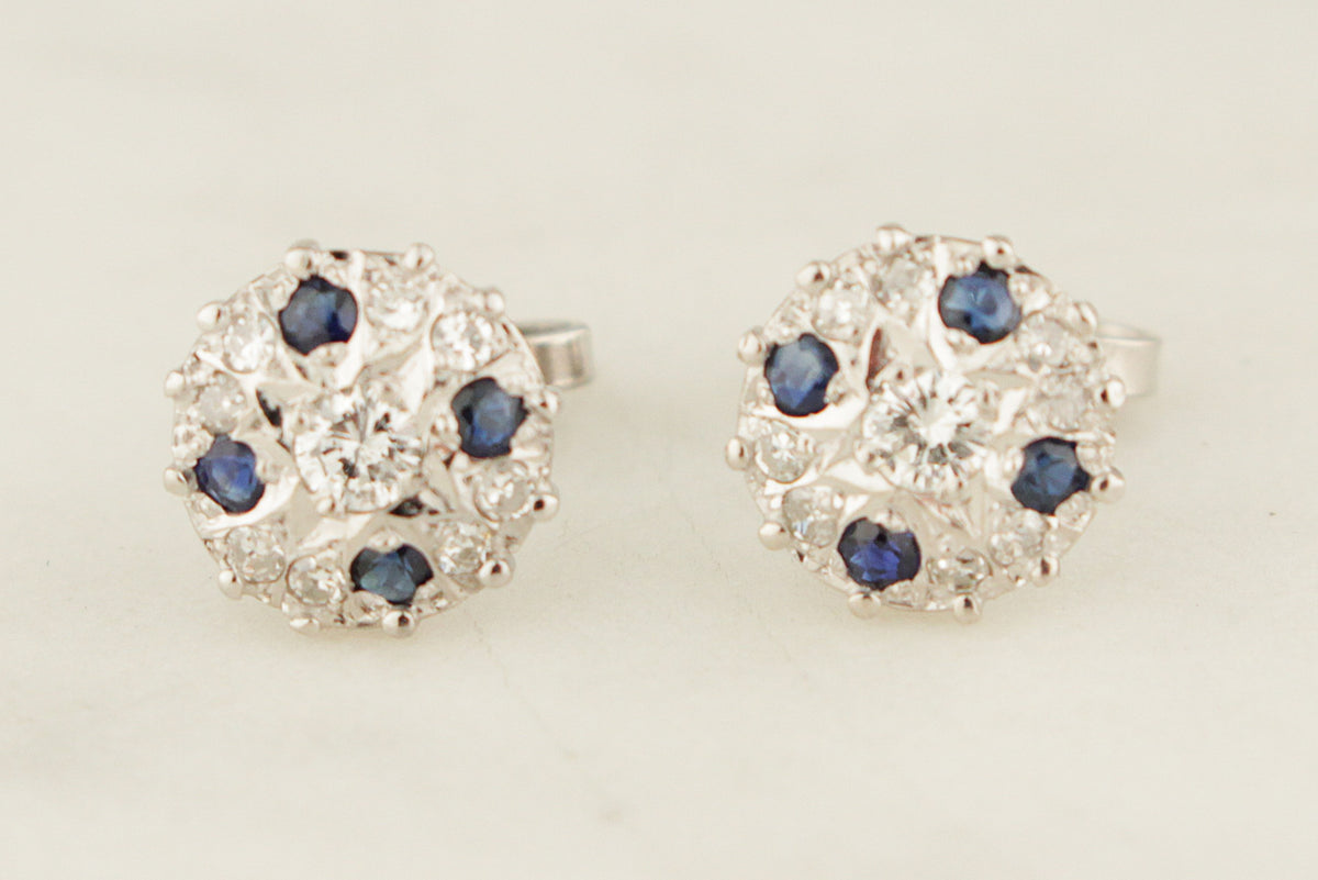 VINTAGE c1940 SAPPHIRE &amp; DIAMOND EAR STUDS 14ct WHITE GOLD