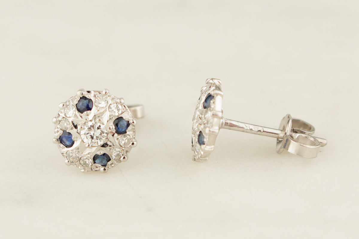 VINTAGE c1940 SAPPHIRE &amp; DIAMOND EAR STUDS 14ct WHITE GOLD