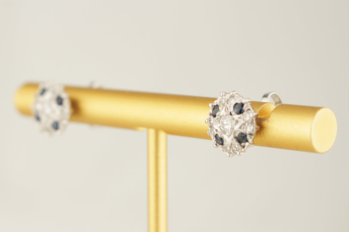 VINTAGE c1940 SAPPHIRE &amp; DIAMOND EAR STUDS 14ct WHITE GOLD