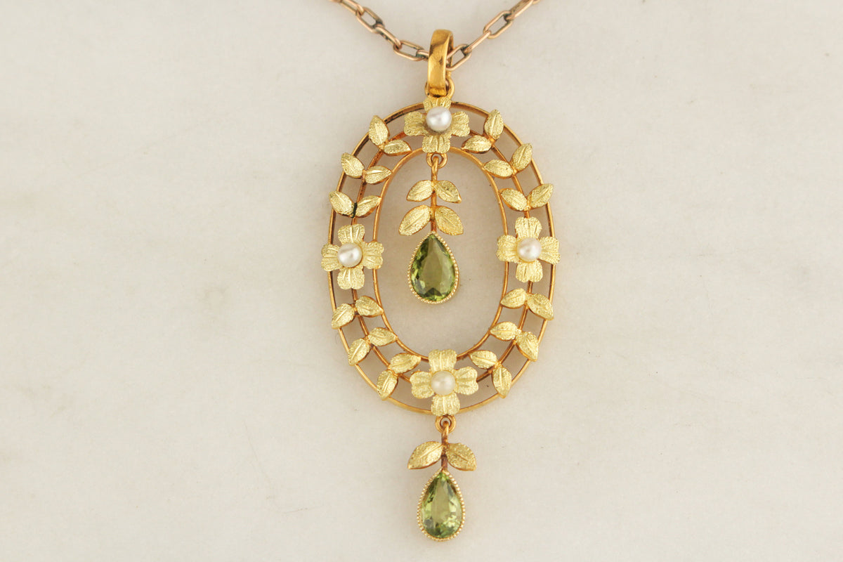 ANTIQUE EDWARDIAN c1900 PERIDOT & SEED PEARL PENDANT 15ct GOLD