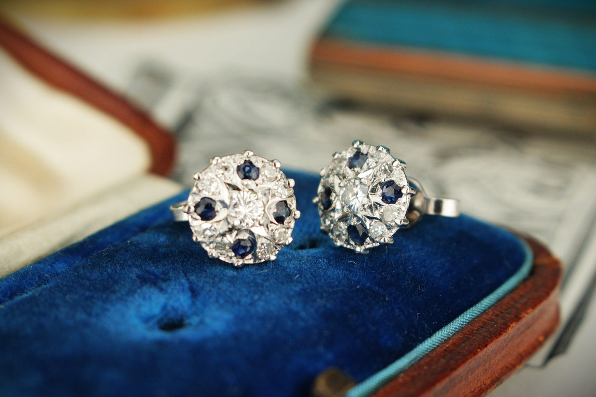 VINTAGE c1940 SAPPHIRE &amp; DIAMOND EAR STUDS 14ct WHITE GOLD
