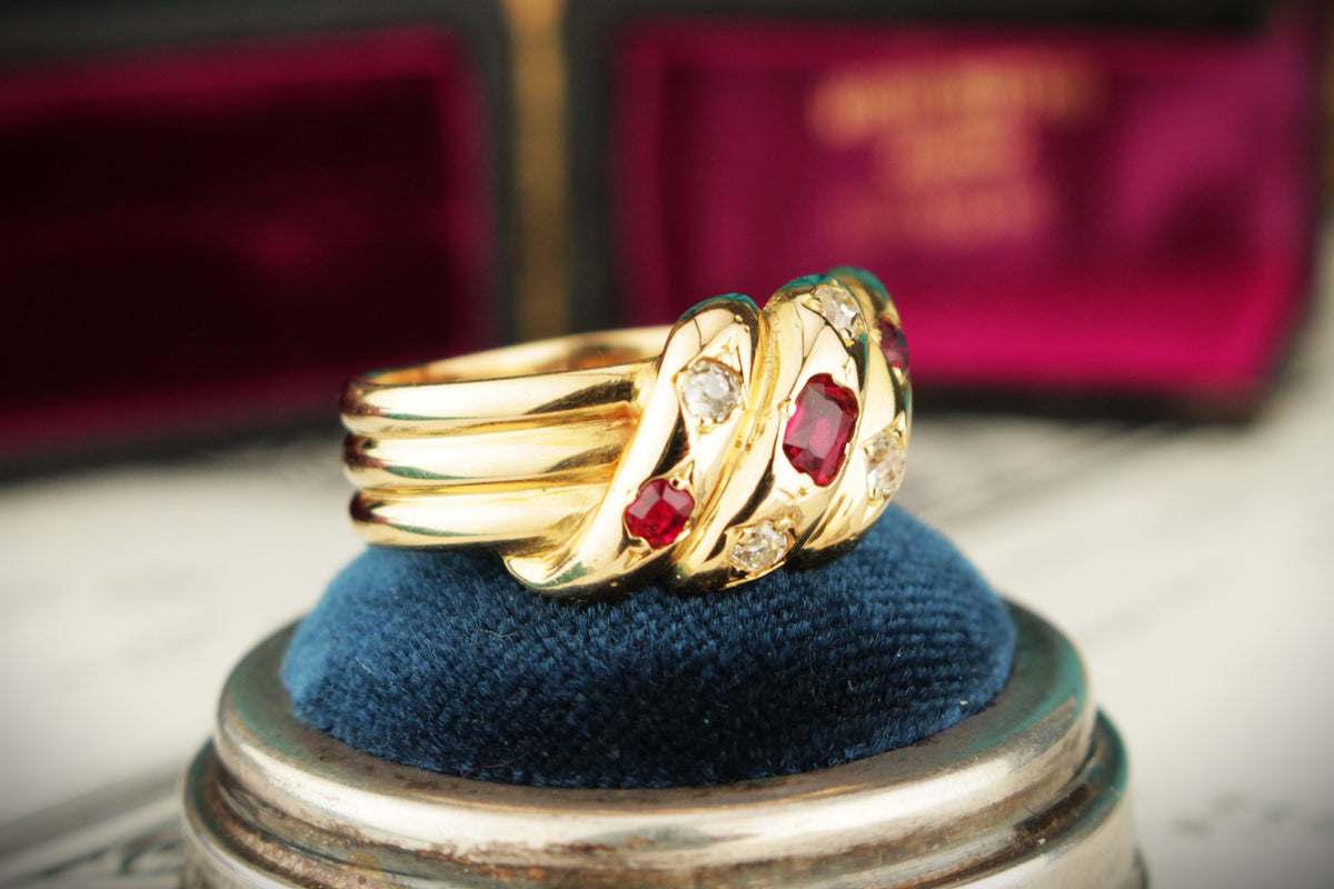 ANTIQUE VICTORIAN c1840 RUBY &amp; DIAMOND SNAKE RING 18ct YELLOW GOLD