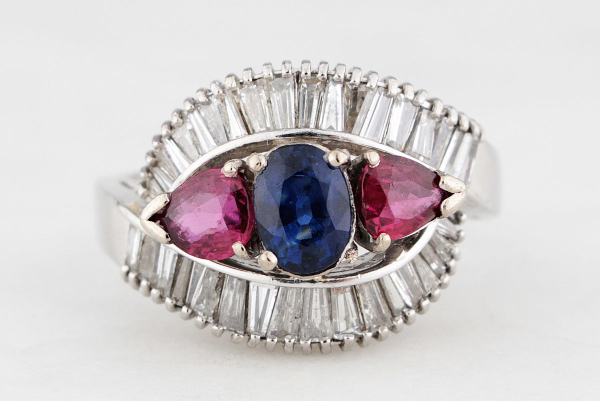 VINTAGE PLATINUM 1940&#39;s SAPPHIRE, RUBY &amp; DIAMOND RING
