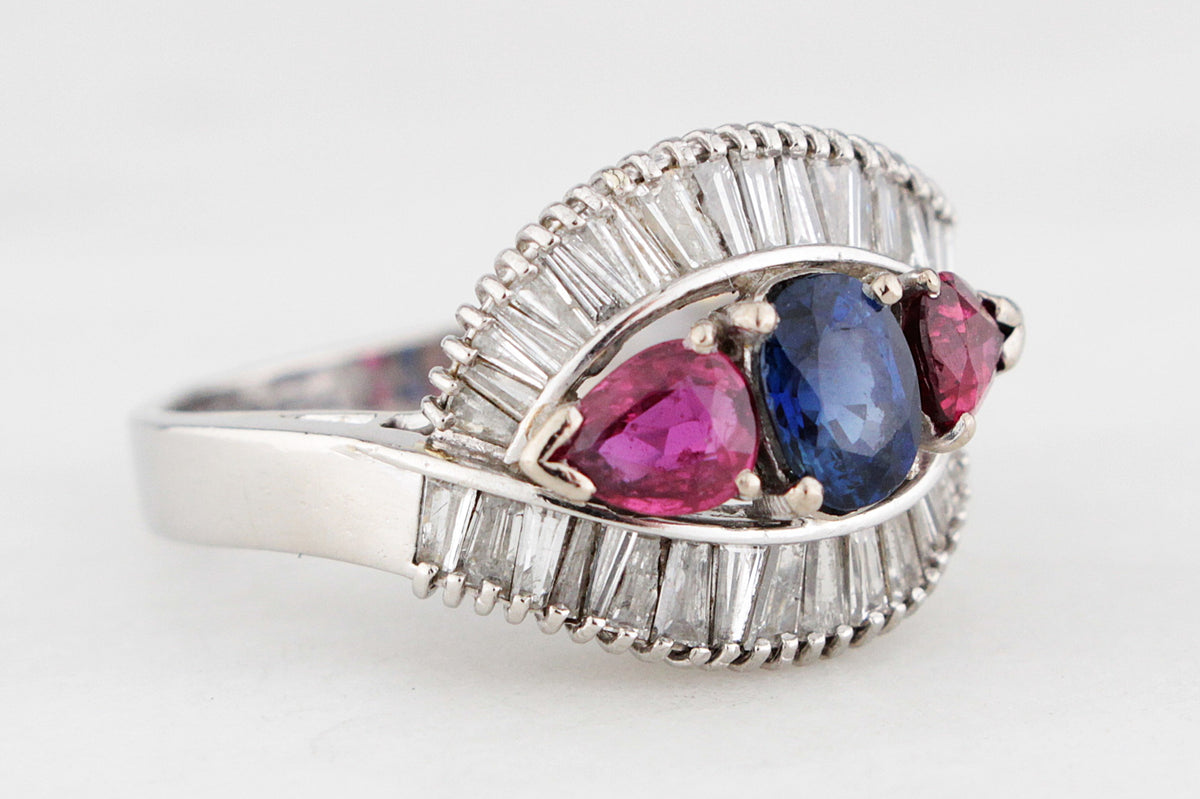 VINTAGE PLATINUM 1940&#39;s SAPPHIRE, RUBY &amp; DIAMOND RING