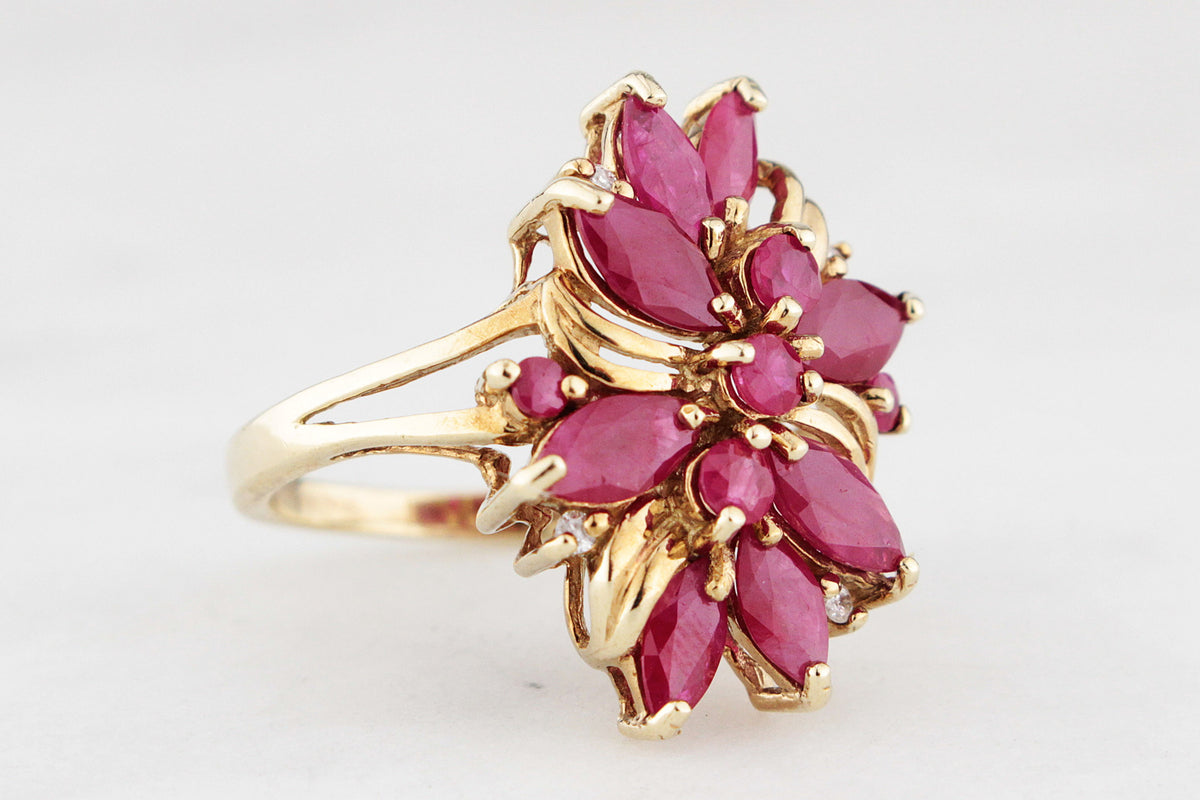 RETRO RUBY &amp; DIAMOND COCKTAIL RING 9ct GOLD