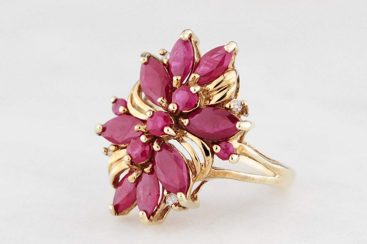 RETRO RUBY &amp; DIAMOND COCKTAIL RING 9ct GOLD