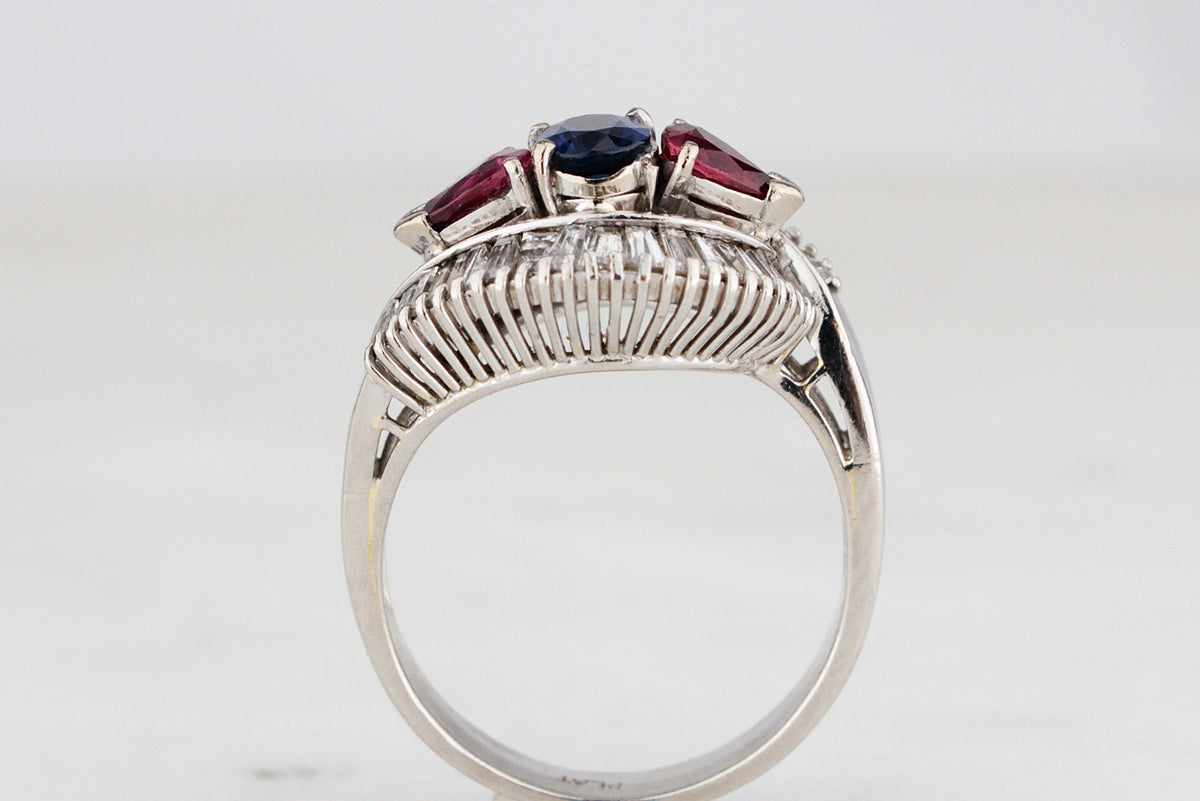 VINTAGE PLATINUM 1940&#39;s SAPPHIRE, RUBY &amp; DIAMOND RING