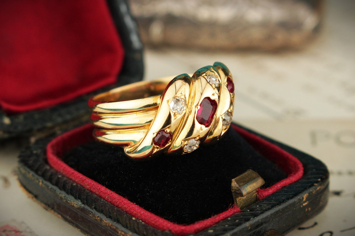ANTIQUE VICTORIAN c1840 RUBY &amp; DIAMOND SNAKE RING 18ct YELLOW GOLD
