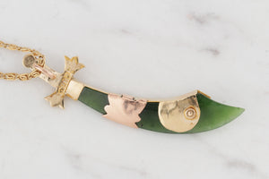 ANTIQUE VICTORIAN AUSTRALIAN c1880 NEPHRITE JADE & NATURAL SEED PEARL SCABBARD PENDANT ON 15ct YELLOW GOLD