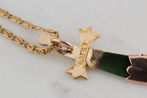 ANTIQUE VICTORIAN AUSTRALIAN c1880 NEPHRITE JADE & NATURAL SEED PEARL SCABBARD PENDANT ON 15ct YELLOW GOLD