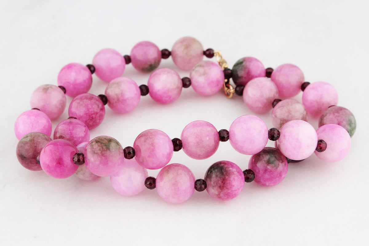 BESPOKE NATURAL MALAY JADE &amp; GARNET NECKLACE 9ct GOLD