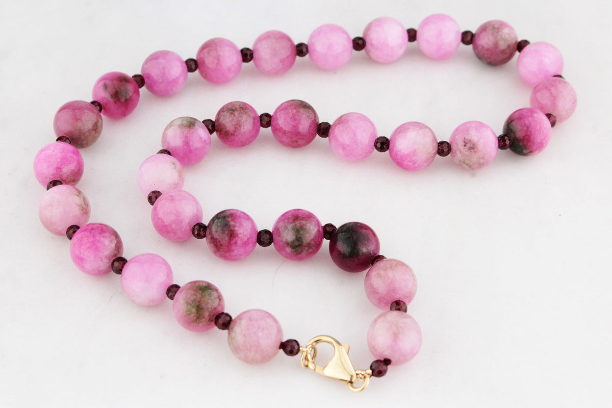 BESPOKE NATURAL MALAY JADE &amp; GARNET NECKLACE 9ct GOLD