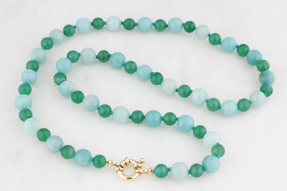 BESPOKE AVENTURINE &amp; AMAZONITE NECKLACE 9ct GOLD