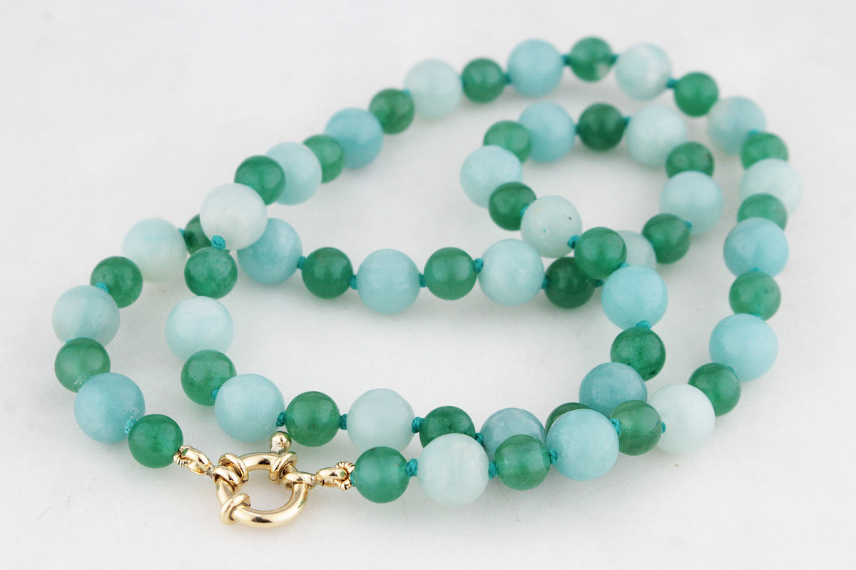 BESPOKE AVENTURINE &amp; AMAZONITE NECKLACE 9ct GOLD