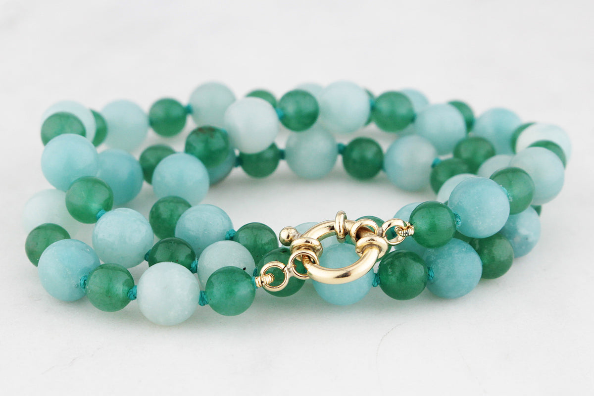 BESPOKE AVENTURINE &amp; AMAZONITE NECKLACE 9ct GOLD
