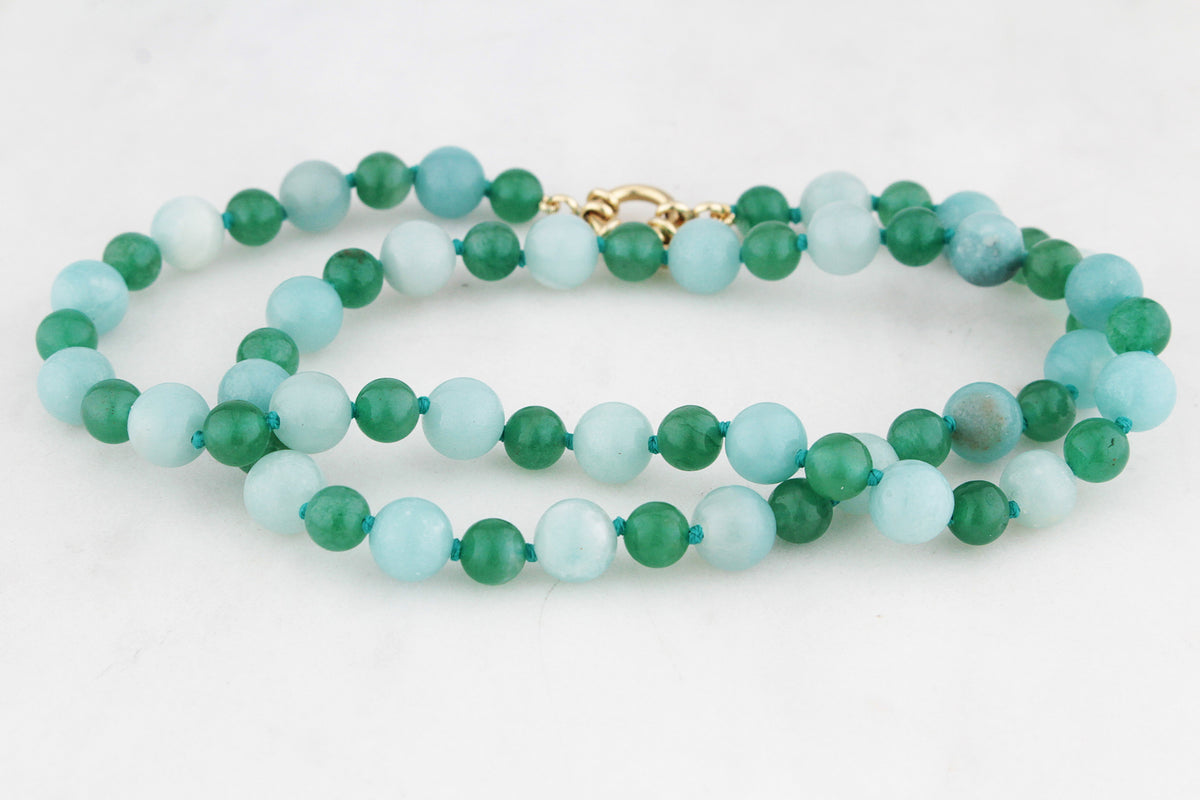 BESPOKE AVENTURINE &amp; AMAZONITE NECKLACE 9ct GOLD