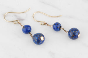 VINTAGE BLUE/COPPER GLASS EARRINGS ON 9ct YELLOW GOLD