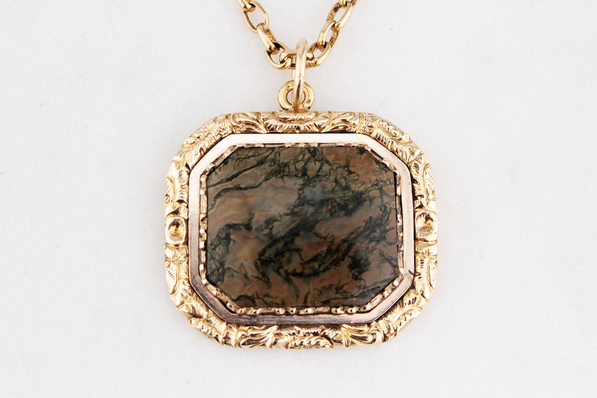 ANTIQUE MOSS AGATE PENDANT 9ct GOLD