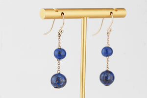 VINTAGE BLUE/COPPER GLASS EARRINGS ON 9ct YELLOW GOLD