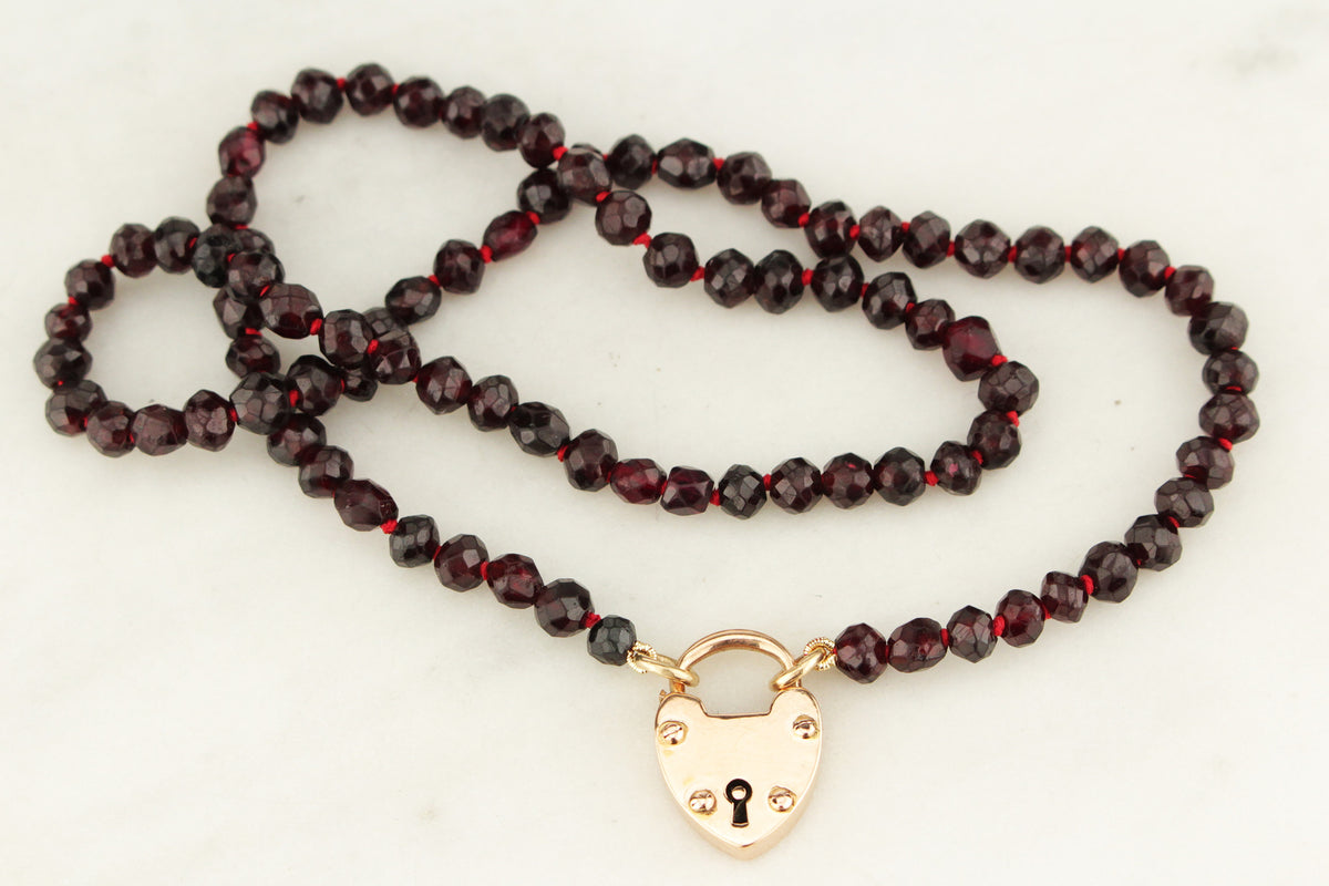 ANTIQUE BOHEMIAN GARNET NECKLACE 15ct HEART PADLOCK