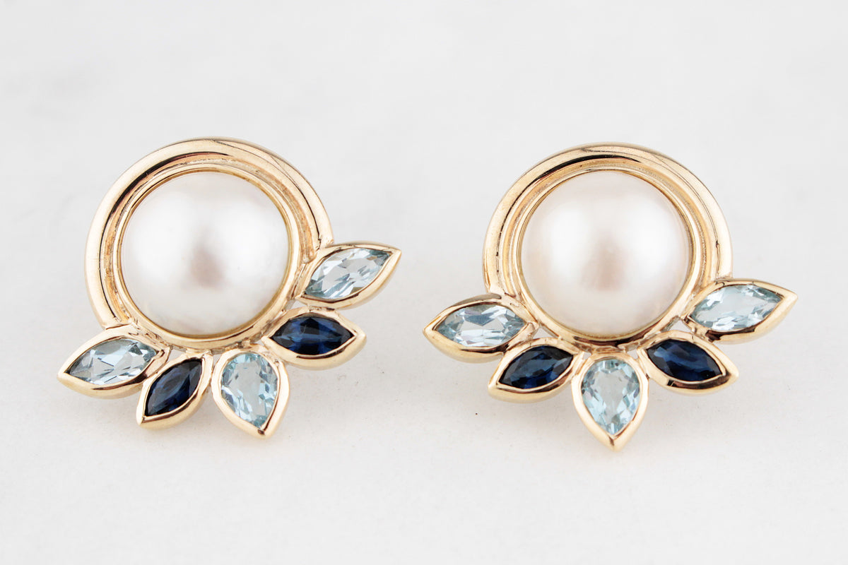 VINTAGE MABE PEARL SAPPHIRE &amp; TOPAZ EARRINGS 9ct GOLD