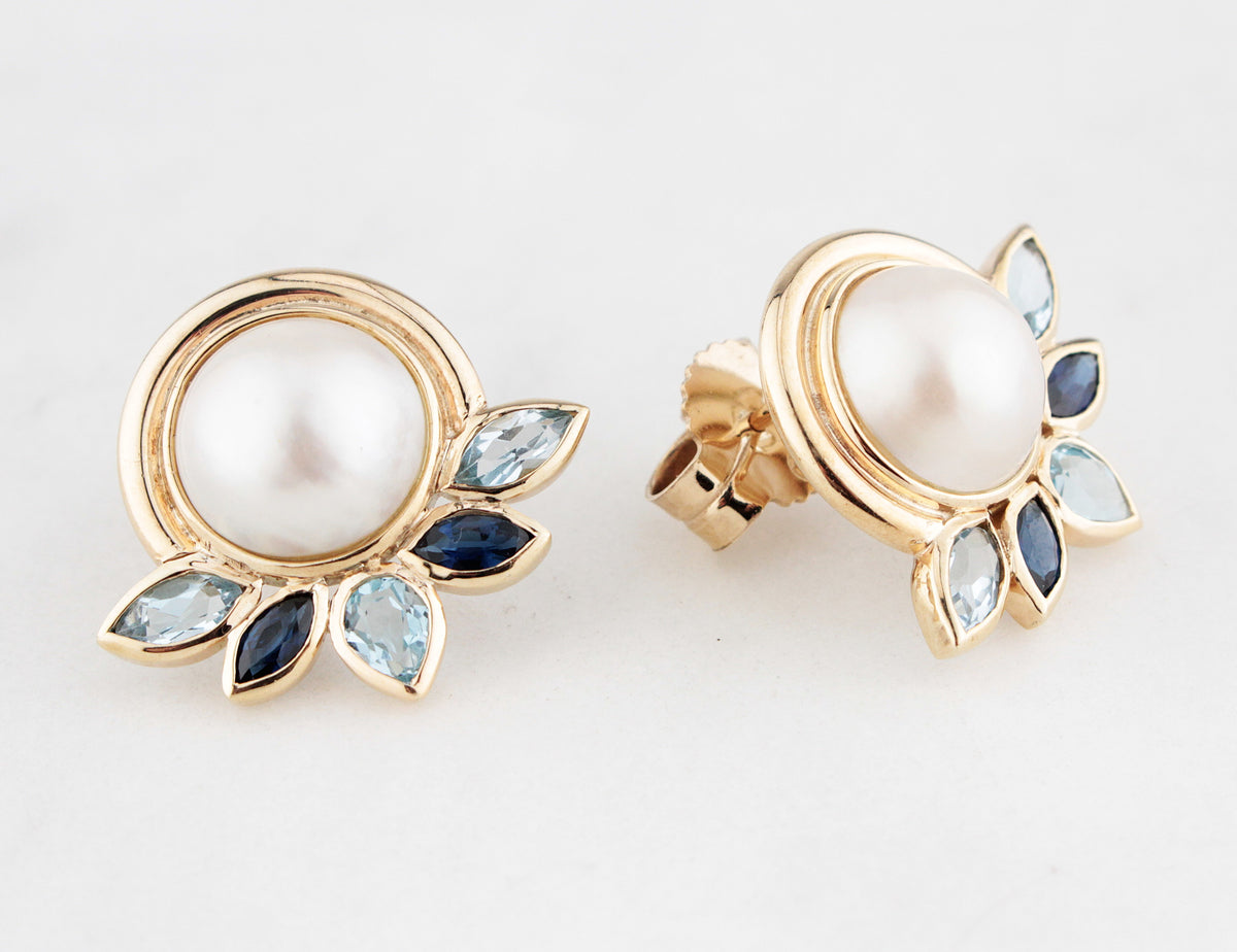 VINTAGE MABE PEARL SAPPHIRE &amp; TOPAZ EARRINGS 9ct GOLD