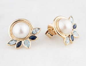 VINTAGE MABE PEARL SAPPHIRE & TOPAZ EARRINGS 9ct GOLD