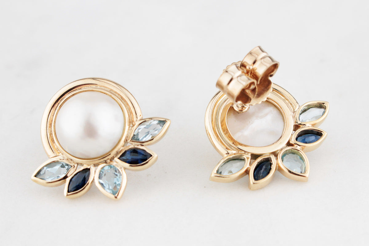 VINTAGE MABE PEARL SAPPHIRE &amp; TOPAZ EARRINGS 9ct GOLD