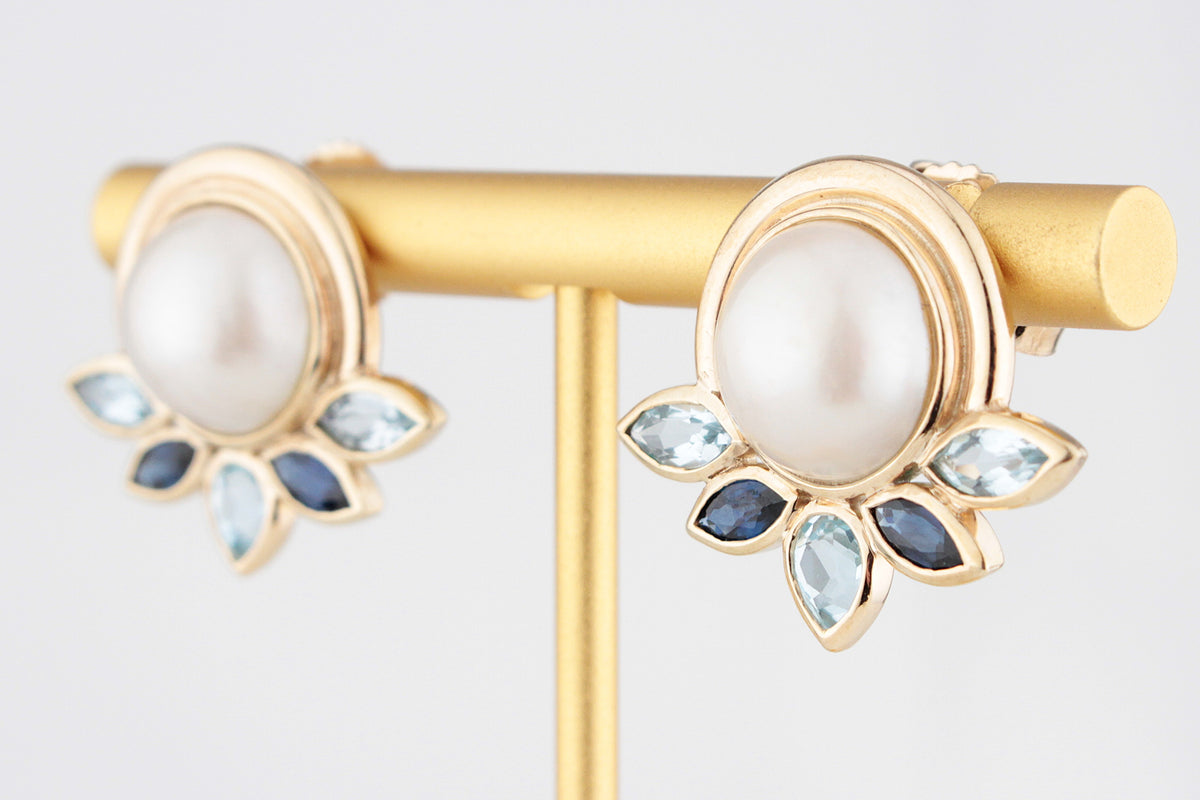 VINTAGE MABE PEARL SAPPHIRE &amp; TOPAZ EARRINGS 9ct GOLD