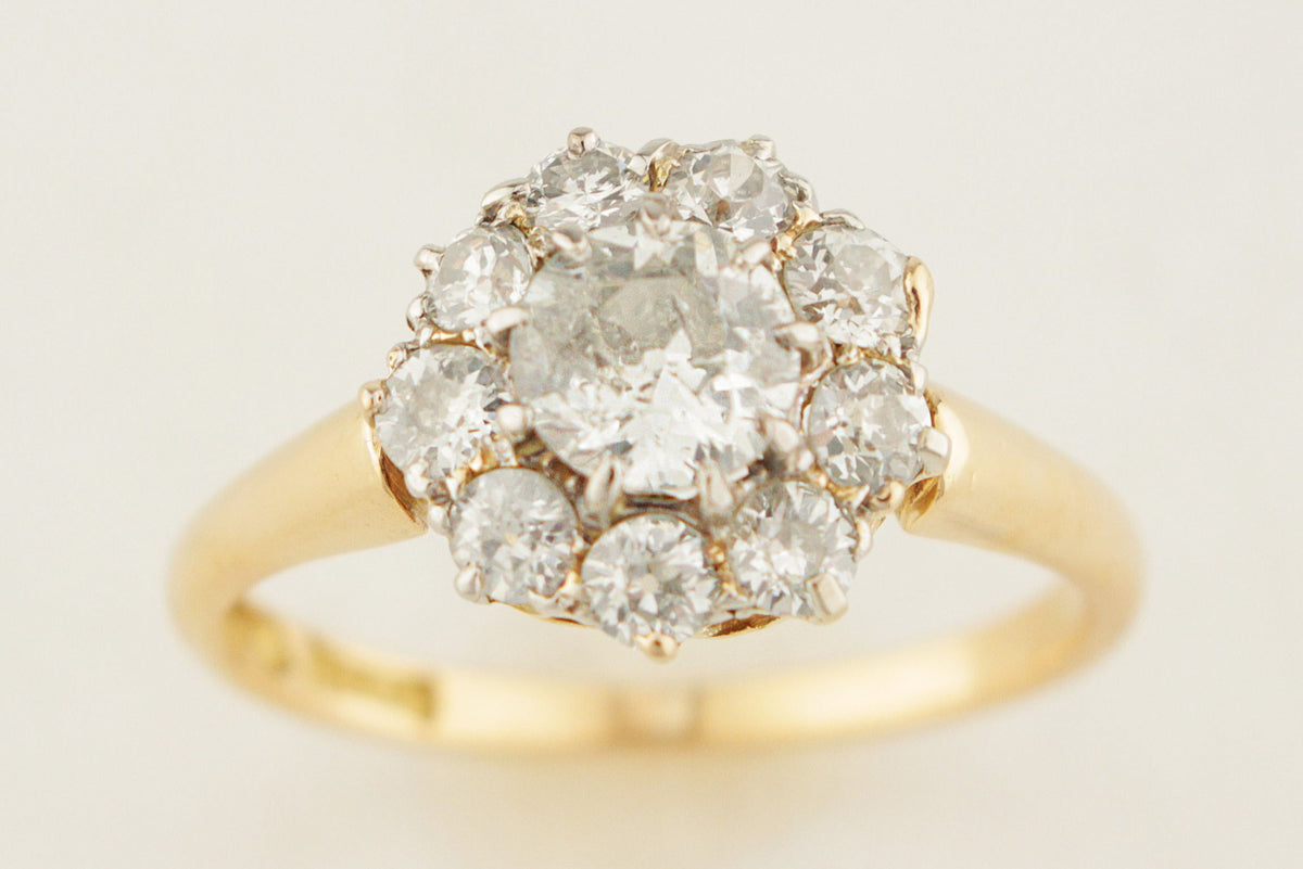 ANTIQUE EDWARDIAN c1900 1.38ct DIAMOND DAISY CLUSTER RING 18ct GOLD &amp; PLATINUM