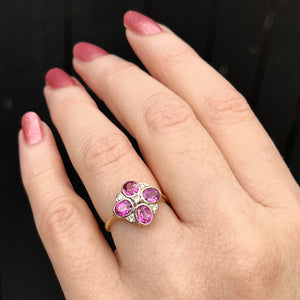 VINTAGE PINK SAPPHIRE & DIAMOND RING 9ct YELLOW GOLD