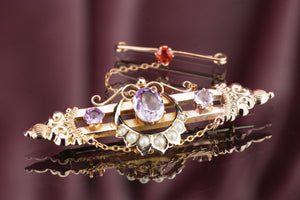 ANTIQUE EDWARDAIN c1910 AMETHYST CITRINE & SEED PEARL BROOCH ON 9ct YELLOW GOLD