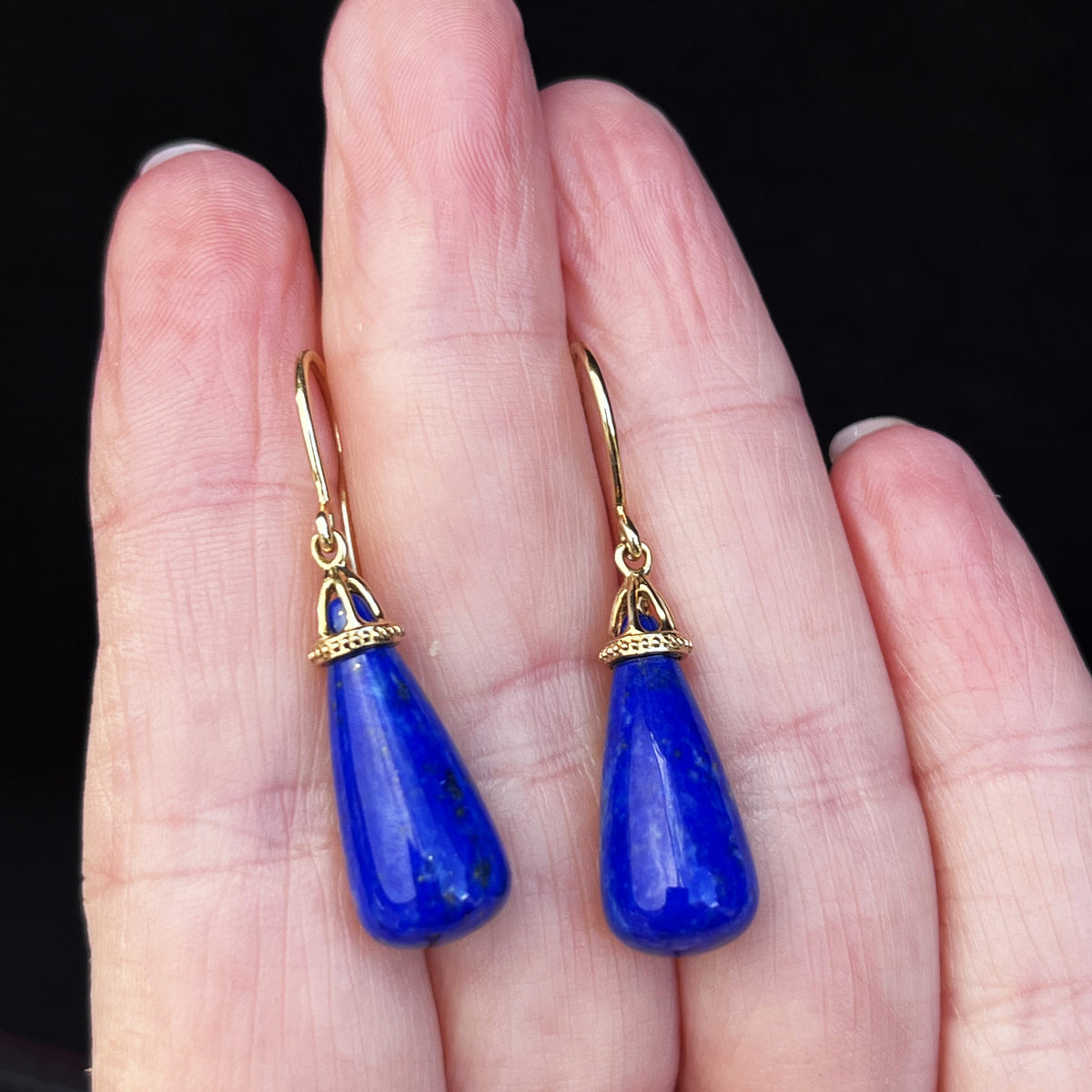 VINTAGE MID CENTURY LAPIS LAZULI DROP EARRINGS 9ct GOLD
