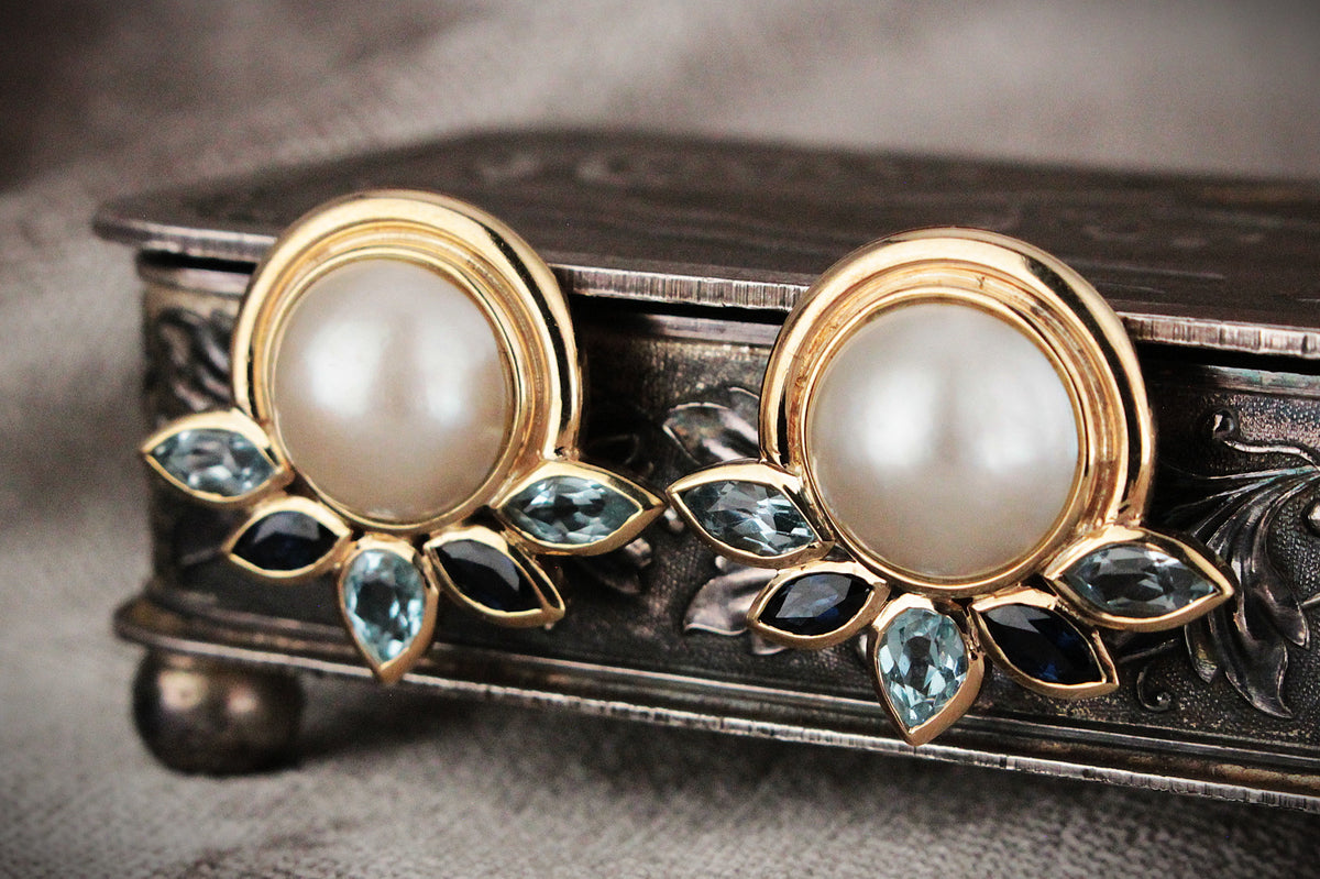 VINTAGE MABE PEARL SAPPHIRE &amp; TOPAZ EARRINGS 9ct GOLD
