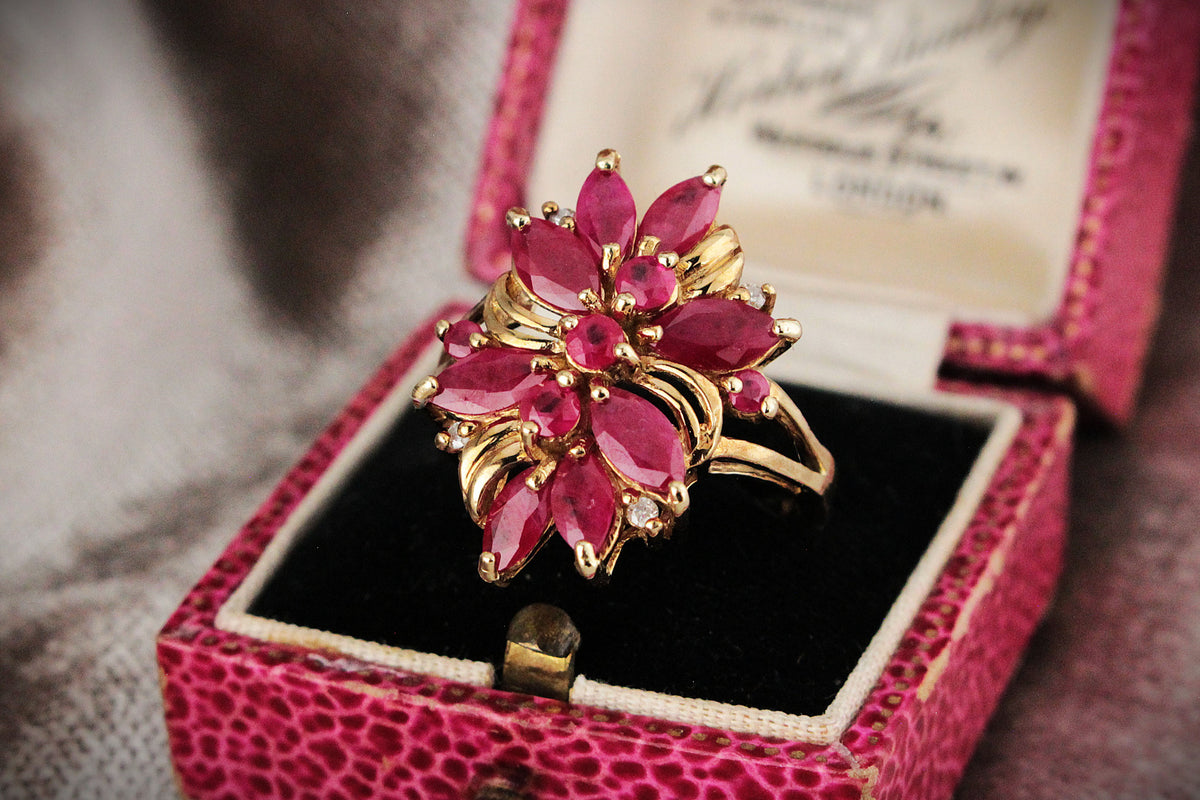 RETRO RUBY &amp; DIAMOND COCKTAIL RING 9ct GOLD