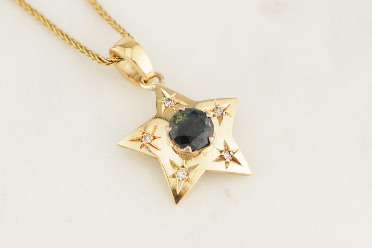 ANTIQUE c1920 TEAL SAPPHIRE &amp; DIAMOND PENDANT 18ct GOLD