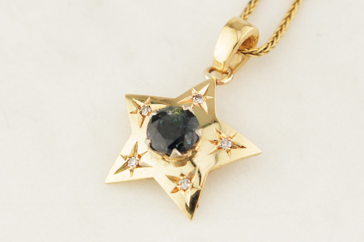 ANTIQUE c1920 TEAL SAPPHIRE &amp; DIAMOND PENDANT 18ct GOLD