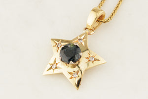 ANTIQUE c1920 TEAL SAPPHIRE & DIAMOND PENDANT 18ct GOLD